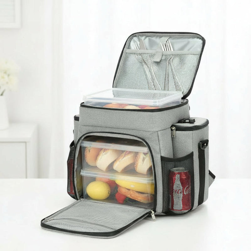 Sac pique-nique isotherme 27L gris ouvert, montrant des compartiments remplis de nourriture et d’ustensiles.