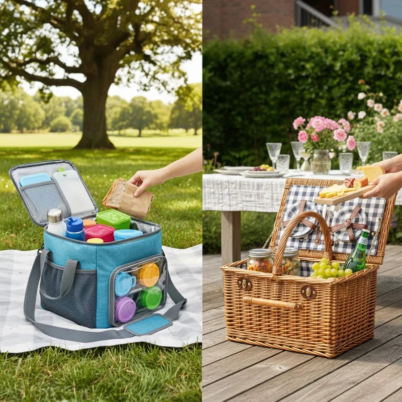 Glacière souple et panier repas posés en extérieur, comparaison pour le transport et la conservation des repas lors d’un pique-nique en famille