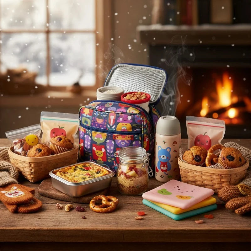 Goûter d’hiver pour enfant avec sac isotherme, thermos et collations maison conservées au chaud pour l’école ou les sorties.