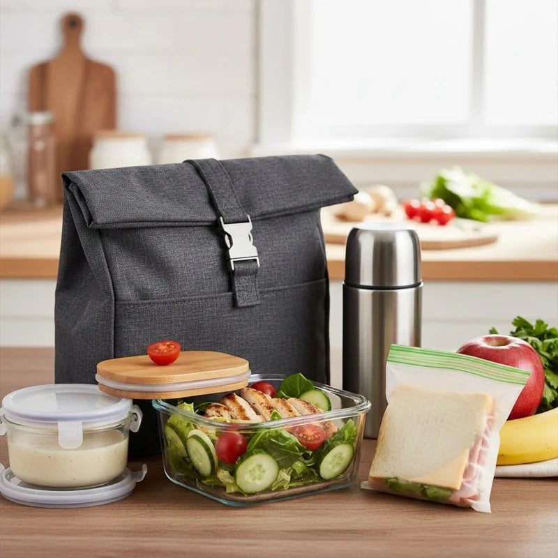 Lunch bag isotherme gris posé sur une table, accompagné d’un repas équilibré composé d’une salade, d’un sandwich et d’une gourde, dans une cuisine lumineuse.