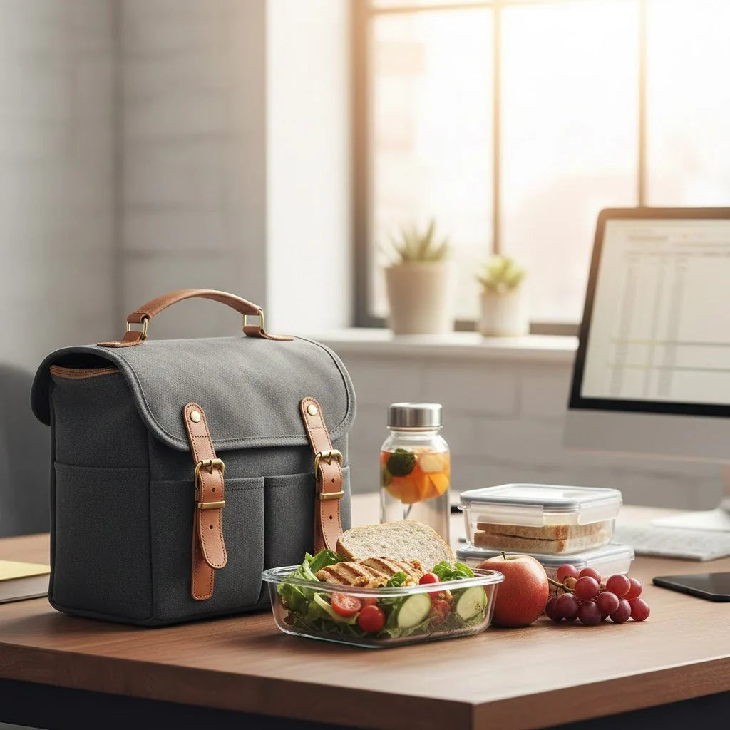 Lunch bag sac isotherme au bureau avec repas sain lunch box salade sandwich fruits