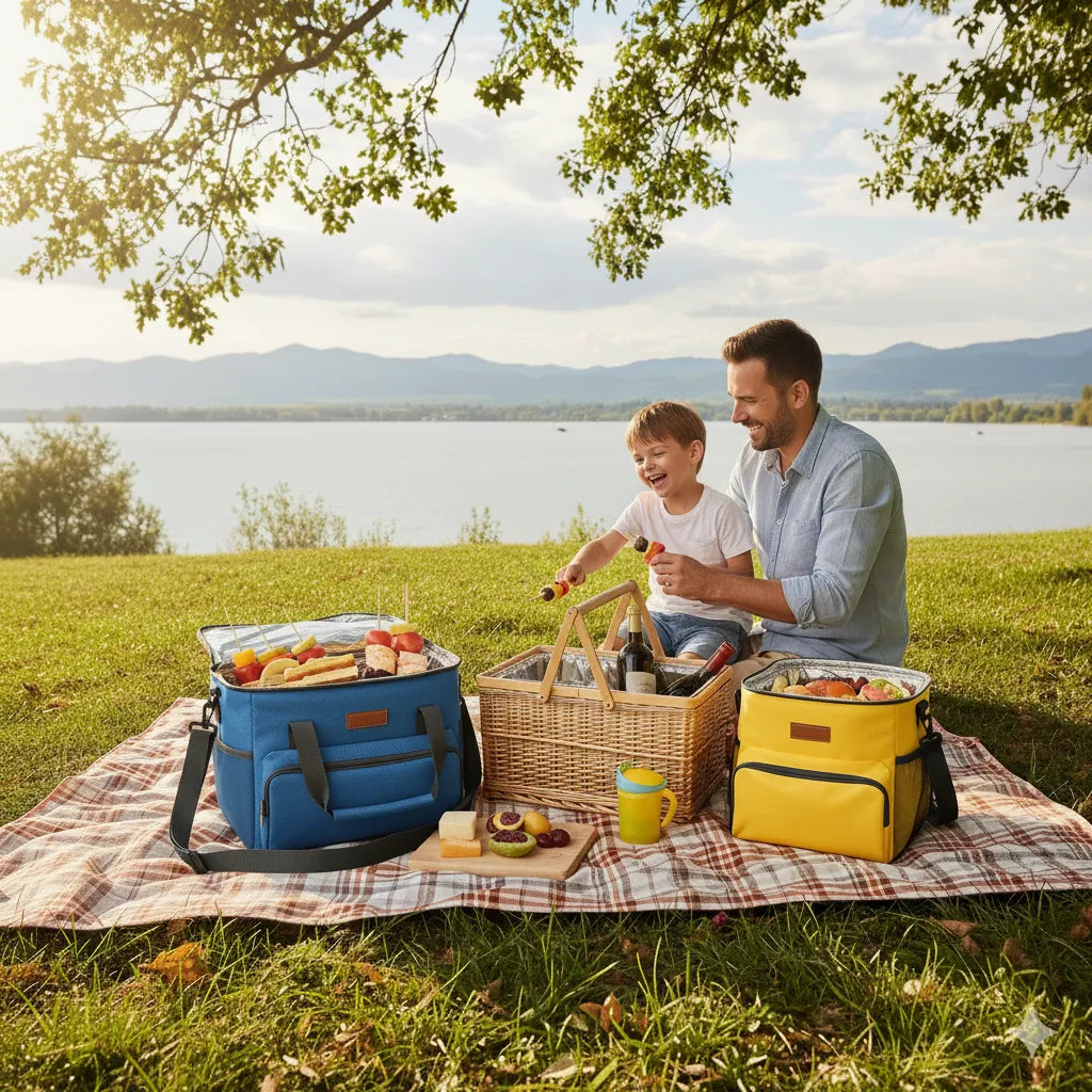 Sac isotherme bleu et jaune posé sur une couverture de pique-nique près d’un lac, avec un père et son fils partageant un repas sous un arbre, dans une ambiance naturelle et ensoleillée.