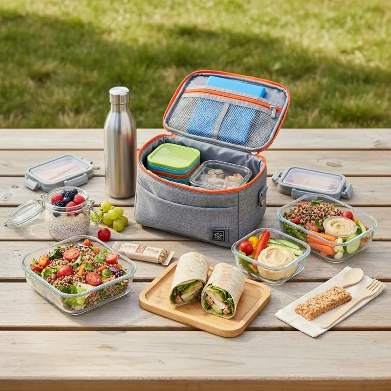 Vue d’un sac isotherme ouvert accompagné de repas sains incluant salades, wrap, fruits frais, barres et gourde, disposés sur une table de pique-nique en extérieur.