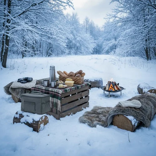 Pique-nique d’hiver en forêt avec sac isotherme, repas chaud et ambiance conviviale.
