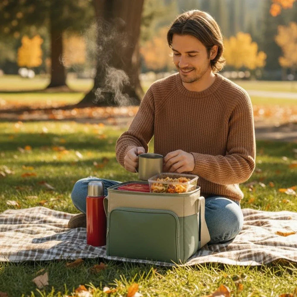 Homme assis sur une couverture dans un parc d’automne, dégustant un repas chaud avec un sac isotherme vert et beige et un thermos rouge posé devant lui.