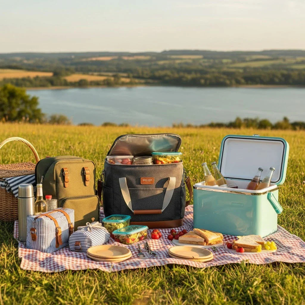 Pique-nique en plein air avec sacs isothermes, glacière et repas disposés sur une couverture, face à un paysage de lac au coucher du soleil.