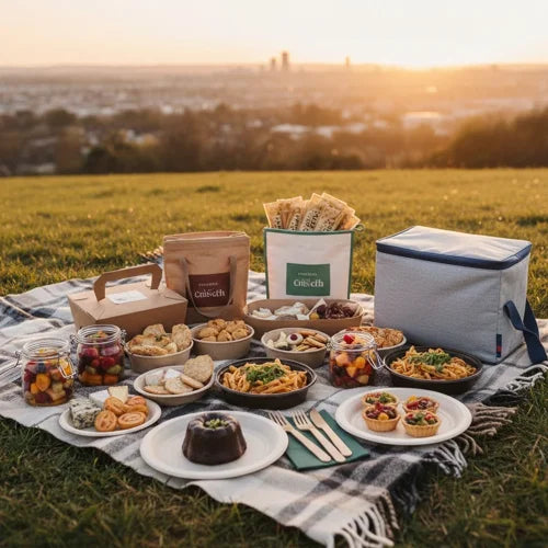 Repas à emporter disposés sur une couverture lors d’un pique-nique avec sac isotherme.