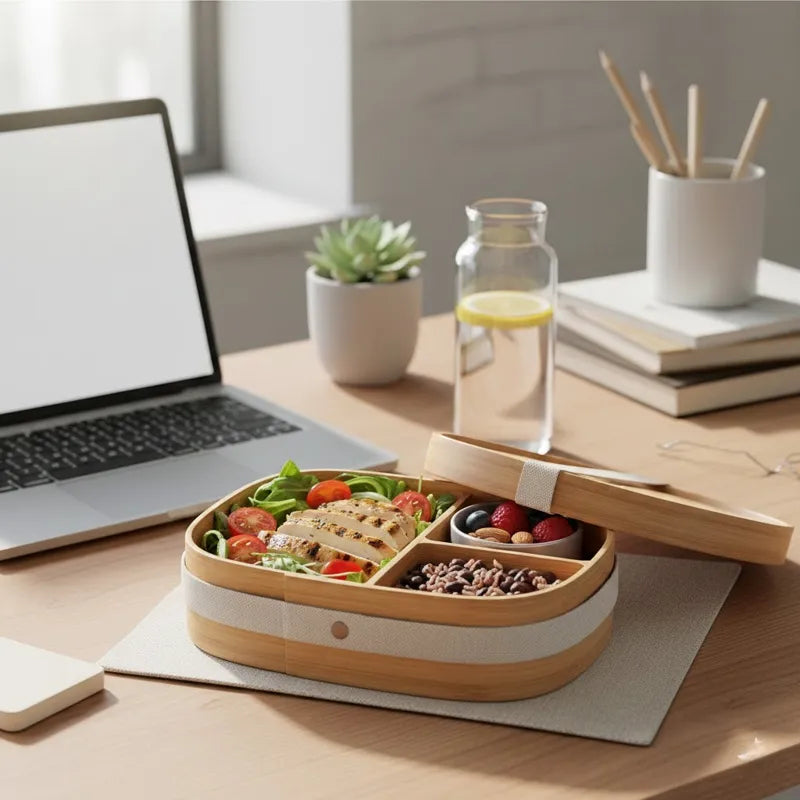 Déjeuner maison équilibré au travail, avec salade, protéines et fruits, présenté dans une lunch box posée sur un bureau.