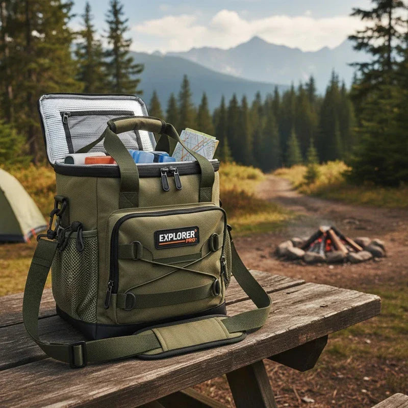 Sac isotherme kaki Explorer Pro avec bandoulière, ouvert sur une table en bois lors d’un bivouac en montagne, contenant boissons, pains de glace et carte de randonnée.