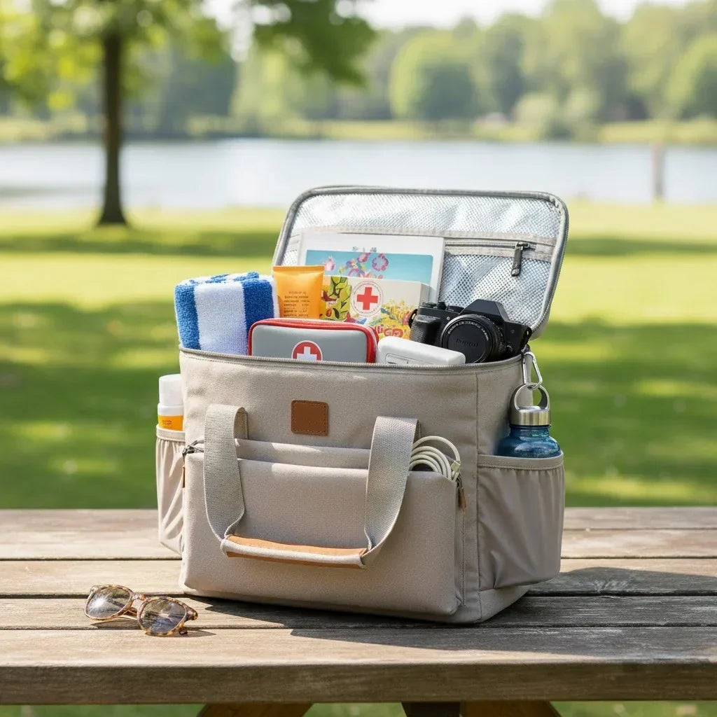 Sac isotherme beige posé sur une table de pique-nique, rempli d’accessoires variés comme une trousse de secours, une serviette, une bouteille et un appareil photo, dans un parc ensoleillé près d’un lac.