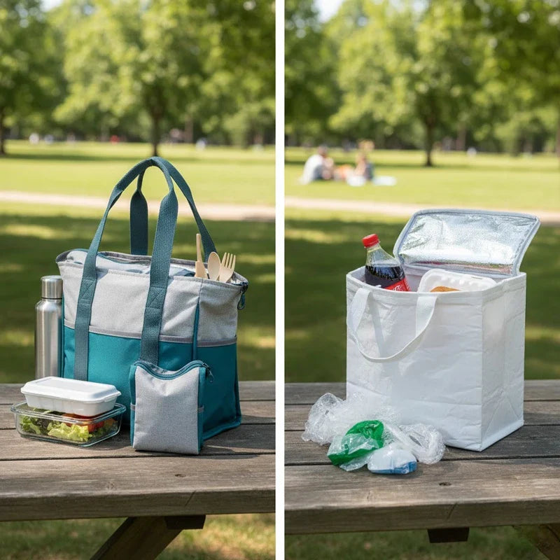Comparatif entre un sac isotherme pique-nique moderne bleu et gris posé sur une table en bois et un sac isotherme blanc basique ouvert dans un parc, avec nourriture et boissons visibles.