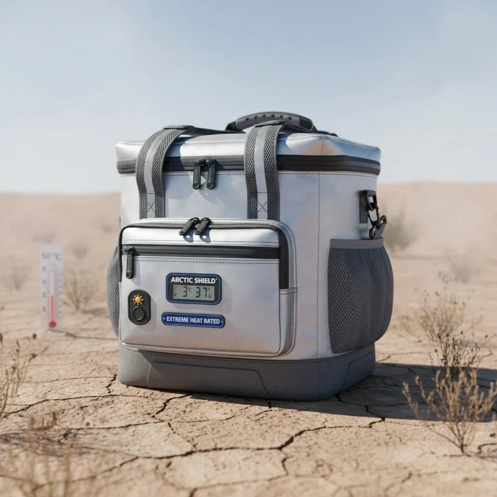 Sac isotherme gris haute performance posé sur un sol désertique craquelé, résistant à la chaleur extrême, avec un thermomètre indiquant 50 °C en arrière-plan et un écran affichant la température intérieure à 3 °C.