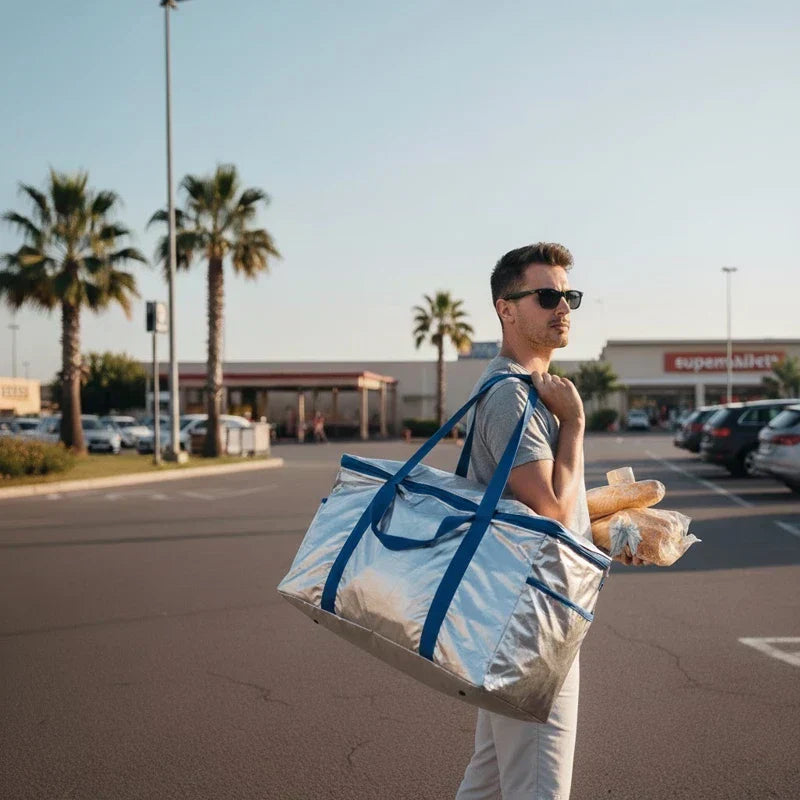 Grand sac isotherme argenté porté à l’épaule par un homme sur un parking de magasin, avec sacs de pain à la main