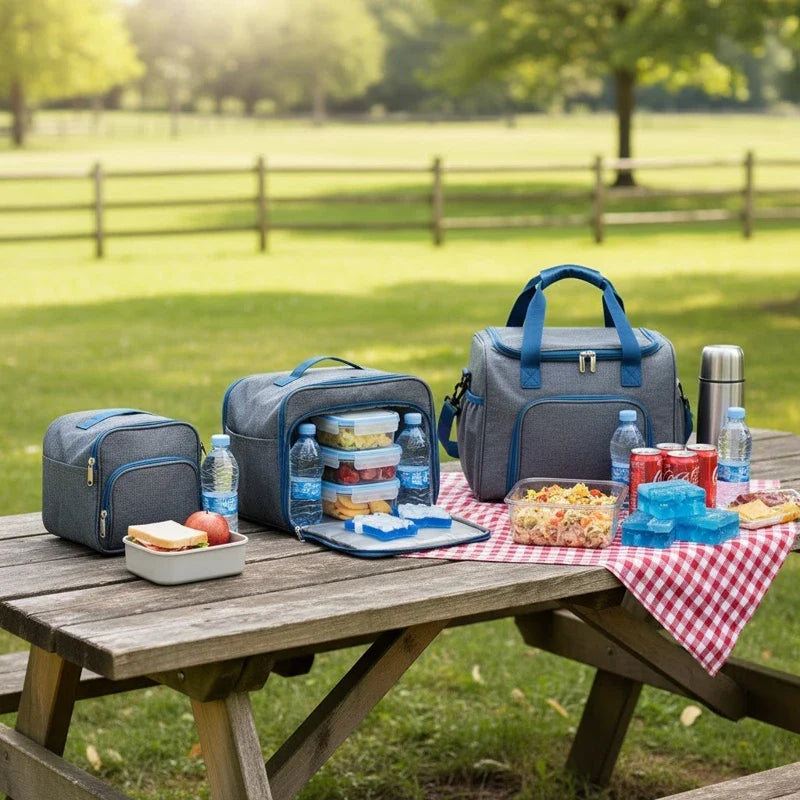 Trois sacs isothermes gris et bleus posés sur une table de pique-nique avec repas, boissons, pains de glace et thermos dans un parc.