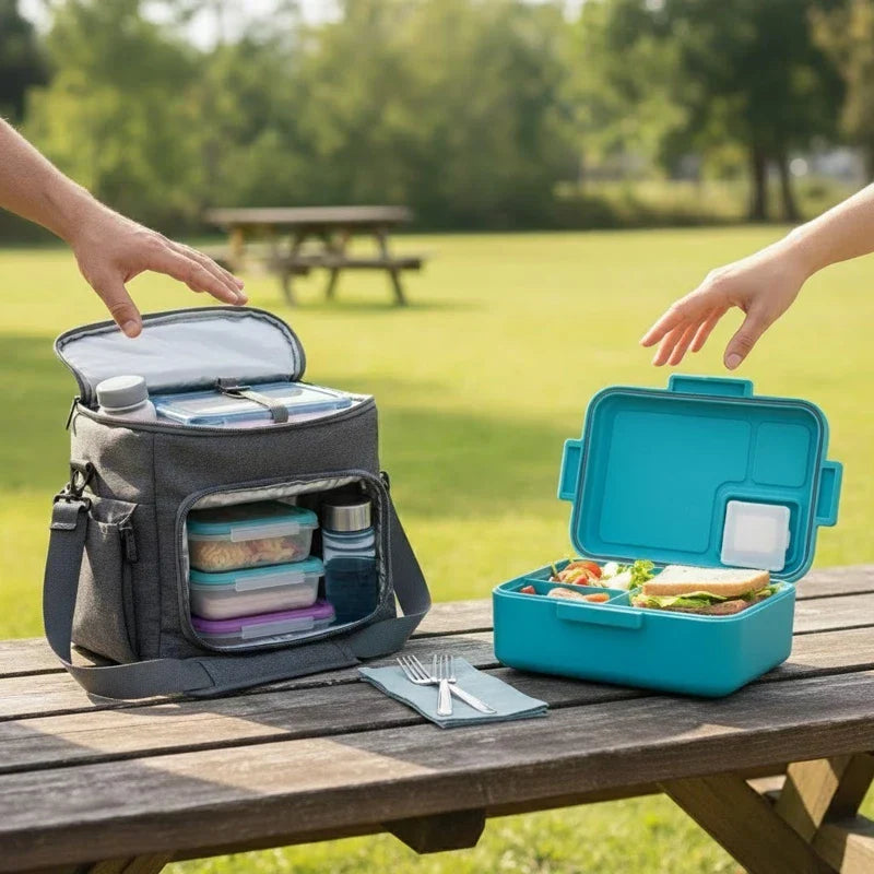 Sac isotherme repas gris posé sur une table de pique-nique, rempli de boîtes alimentaires hermétiques et d’une bouteille, à côté d’une lunch box turquoise ouverte avec un sandwich et des crudités, dans un parc ensoleillé.