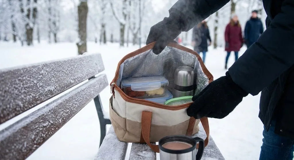 sac isotherme ouvert sur un banc enneigé contenant un repas chaud, thermos et boîte alimentaire en hiver