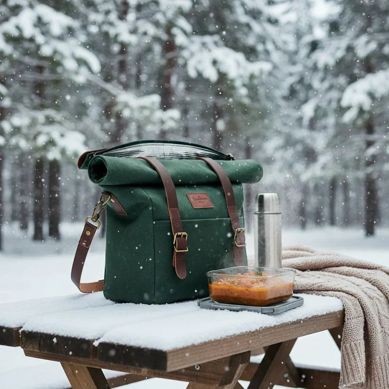 sac isotherme vert posé sur une table enneigée en forêt, avec une thermos et un repas, scène d’hiver en extérieur