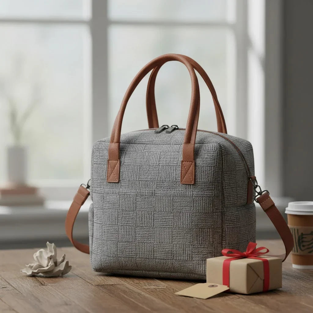 Sac isotherme lunch bag gris avec anses marron, posé sur une table, idée cadeau pratique et élégante pour un repas à emporter