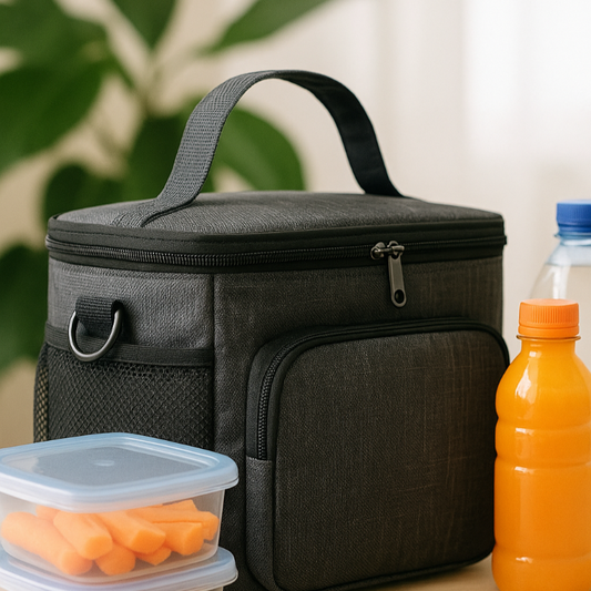 Sac isotherme poser sur une table accompagner de deux bouteilles et deux boites en plastique avec carotte