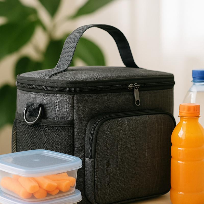 Sac isotherme poser sur une table accompagner de deux bouteilles et deux boites en plastique avec carotte