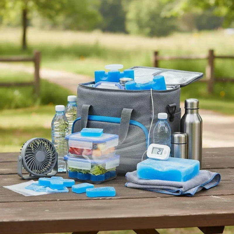 Sac isotherme gris avec détails bleus posé sur une table de pique-nique, entouré de pains de glace bleus, de bouteilles d’eau et de boîtes repas en plein air.