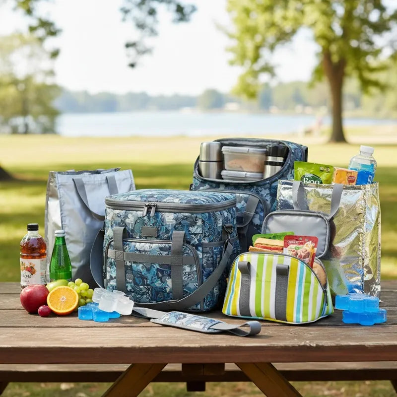 Ensemble de sacs isothermes remplis de boissons et repas, posés sur une table de pique-nique en extérieur.