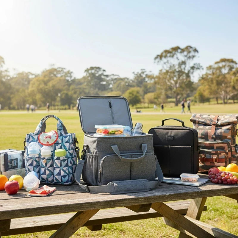 Ensemble de sacs isothermes pour pique-nique familial, contenant repas, boissons et fruits, posés sur une table en bois dans un parc ensoleillé.