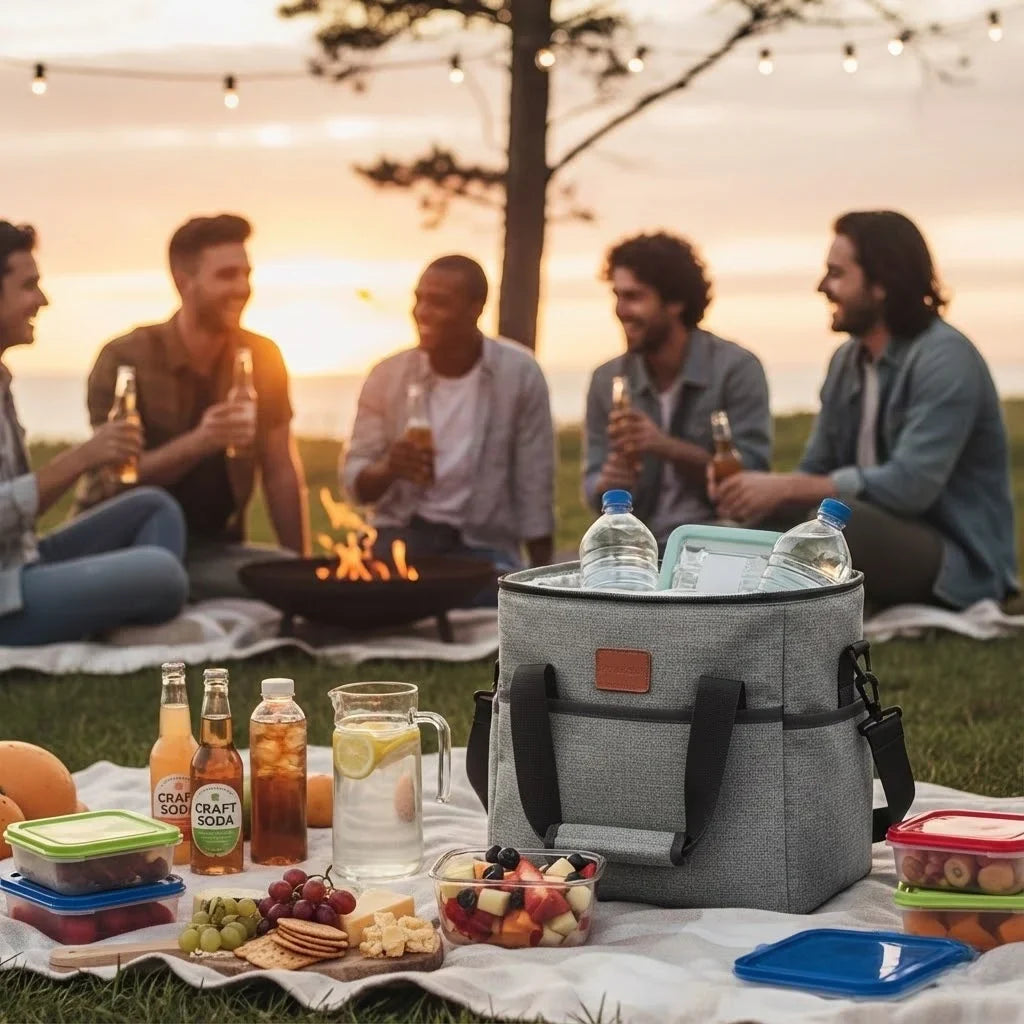 Sac isotherme de pique-nique posé sur une nappe avec contenants alimentaires et bouteilles, idéal pour le transport de repas