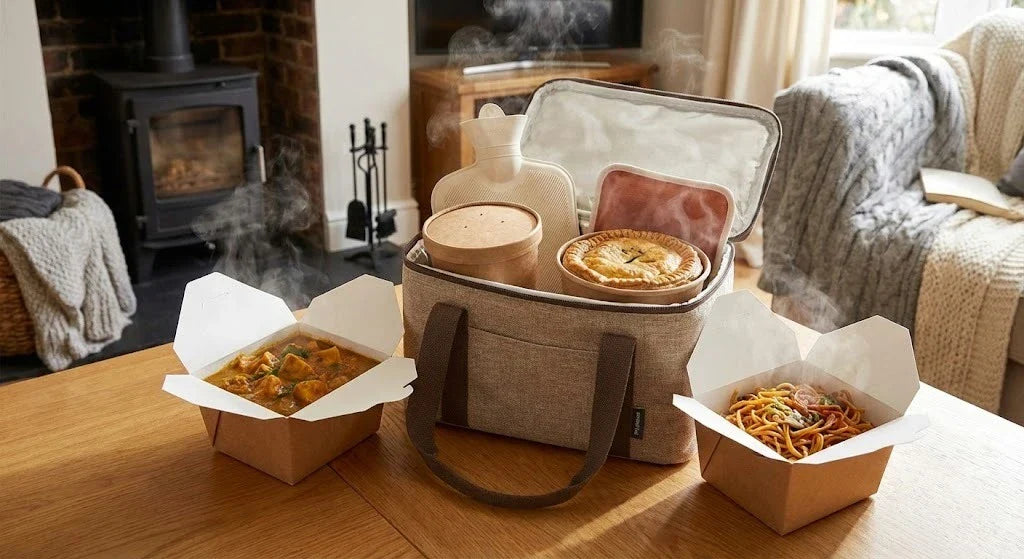 Sac isotherme contenant des plats à emporter bien chauds sur une table de salon, avec boîtes repas et contenants vapeur visible