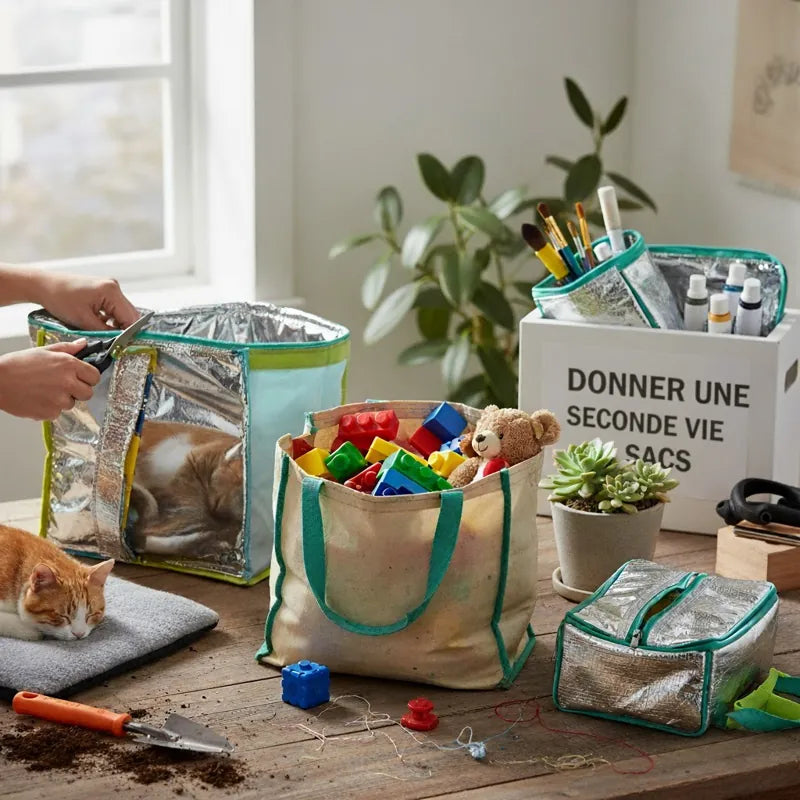 Réutilisation créative d’anciens sacs isothermes transformés en rangements pour jouets, outils et accessoires du quotidien.