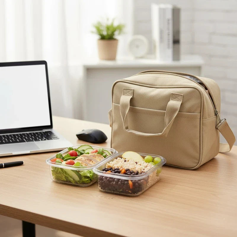 Lunch bag isotherme beige sur un bureau, accompagné de boîtes de nourriture saine et d’un ordinateur portable, parfait pour conserver les repas chauds ou froids au bureau.