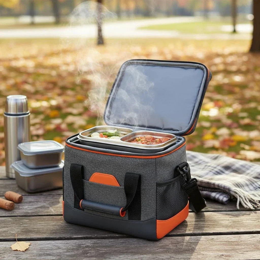 Sac isotherme repas gris et orange posé sur une table en plein air, ouvert et laissant échapper de la vapeur chaude, entouré d’un thermos et de boîtes repas dans un décor automnal.