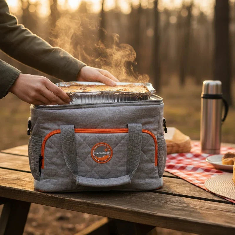 Sac isotherme repas gris avec fermeture zippée et poignée renforcée, idéal pour transporter un déjeuner chaud ou froid au bureau ou en pique-nique.