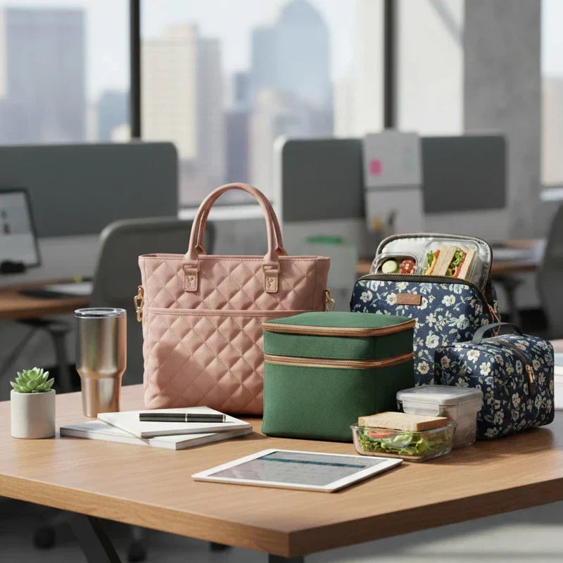 Sac isotherme repas femme posé sur un bureau, avec lunch bag floral, sac vert et accessoires de repas, scène de bureau moderne en lumière naturelle.