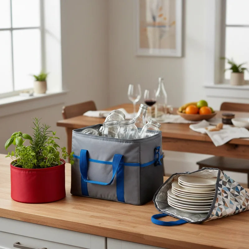 Sac isotherme repas gris utilisé comme glacière d’appoint, contenant des bouteilles en verre et de la vaisselle après un repas.