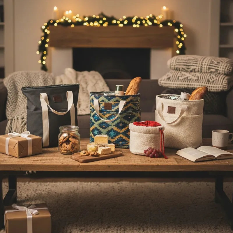 Sac isotherme repas présenté en décoration chaleureuse de fin d’année, avec plusieurs modèles exposés pour illustrer une idée cadeau pratique.