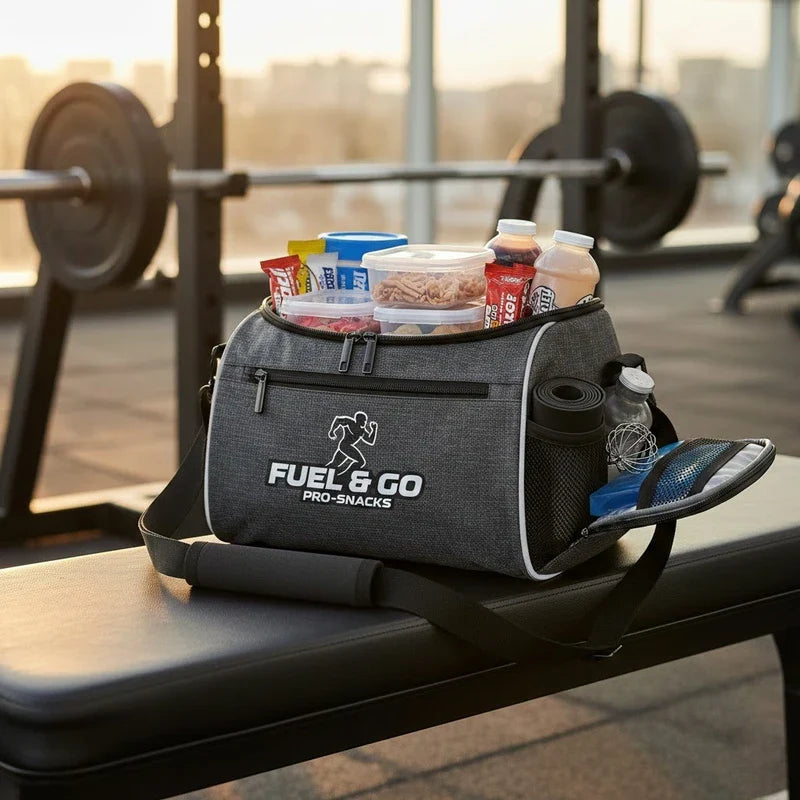 Sac isotherme repas de sport posé sur un banc de musculation, rempli de shakers, barres protéinées et collations, idéal pour garder les encas au frais après l’entraînement.