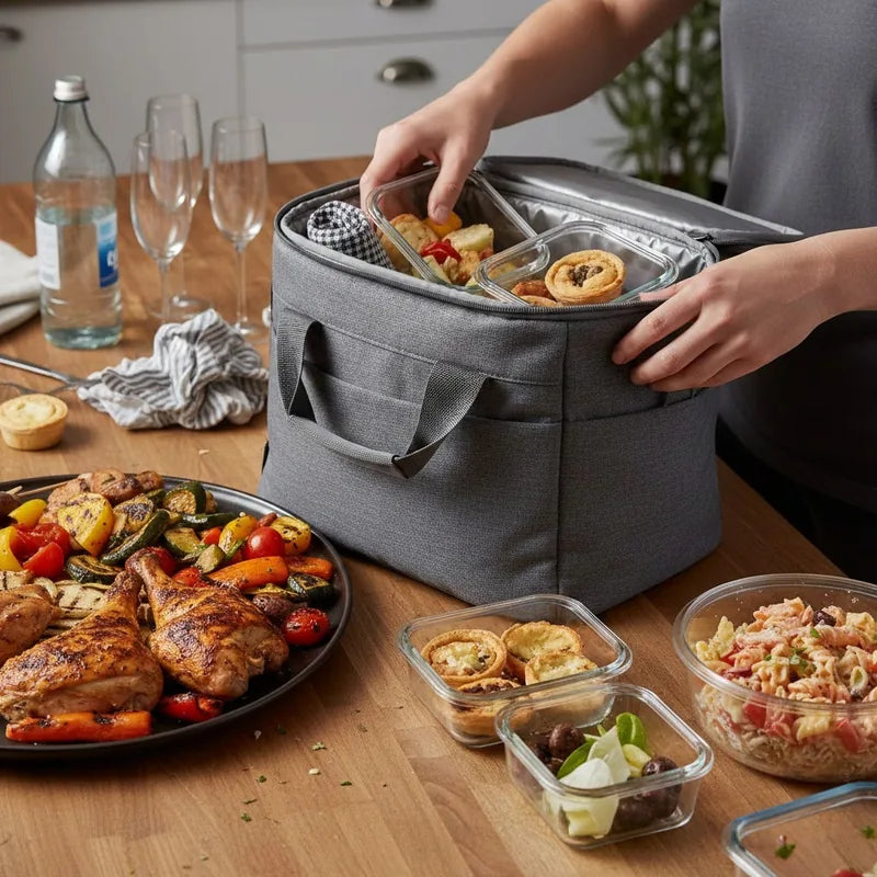 Sac isotherme gris utilisé pour conserver et transporter les restes de repas après un événement, avec boîtes alimentaires sur une table.