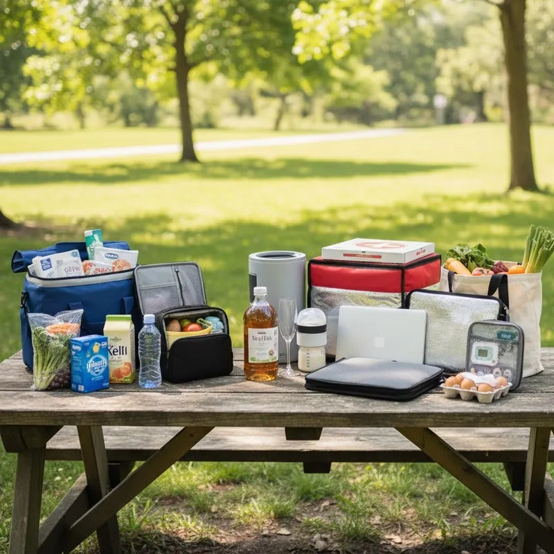 Sac isotherme rempli d’aliments et boissons posé sur une table en plein air, idéal pour les courses, les pique-niques et les sorties.