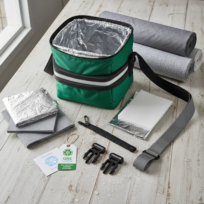 Sac isotherme vert ouvert avec isolation aluminium et accessoires de montage disposés sur une table en bois.