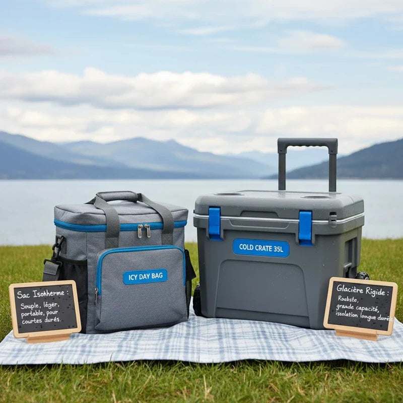 Comparatif entre un sac isotherme souple et une glacière rigide, posés sur une couverture au bord d’un lac, illustrant leurs différences de taille, de robustesse et d’usage.