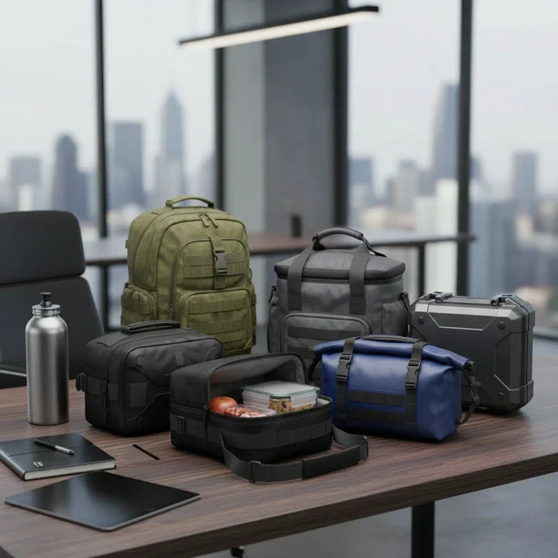 Modèles de sacs isothermes repas homme pour le travail, présentés dans un bureau moderne avec lunch box et accessoires.