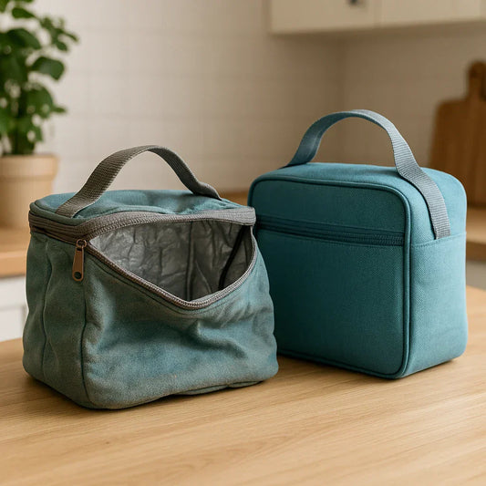 Deux sacs isothermes posés sur une table de cuisine, l’un neuf et l’autre usé avec une fermeture abîmée, illustrant la différence entre un modèle en bon état et un sac en fin de vie sous lumière naturelle douce.