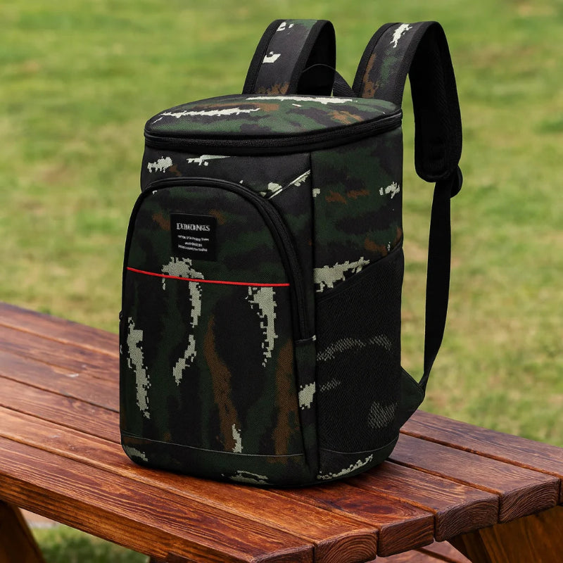 Sac à dos isotherme 20l vert poser sur une table de pique-nique
