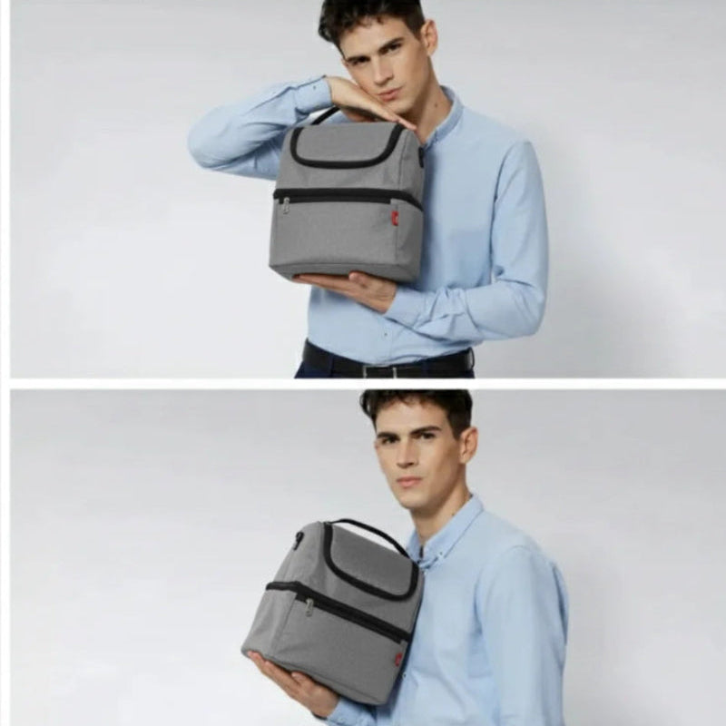 Sac isotherme repas gris porter par un modèle de face