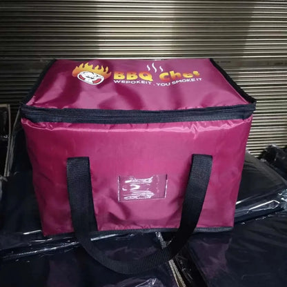 
Sac isotherme de livraison bordeaux avec logo jaune et rouge de face