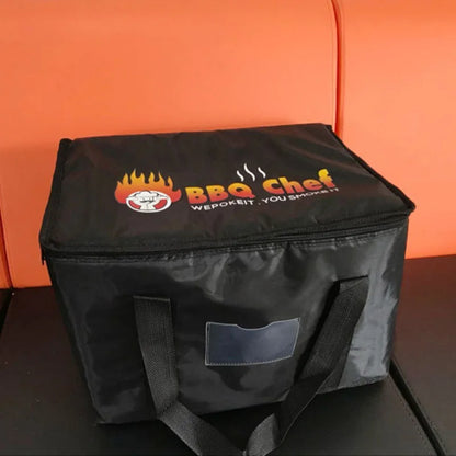 Sac isotherme de livraison noir avec logo jaune et rouge de face