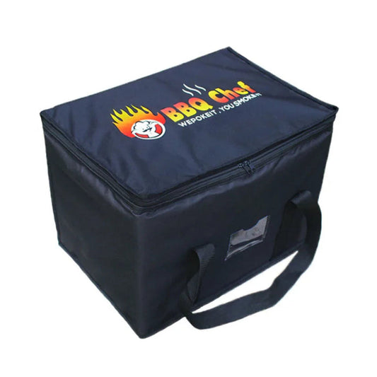 Sac isotherme pour livraison noir avec un logo jaune et rouge