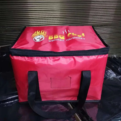 Sac isotherme de livraison rouge avec logo jaune et rouge de face