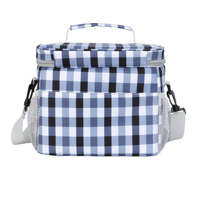Arrière du sac isotherme à carreaux bleu et blanc pour pique-nique